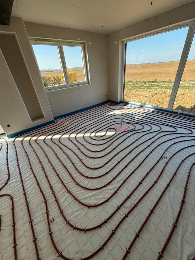 Pose du plancher chauffant dans une grande pièce de vie à Pfettisheim